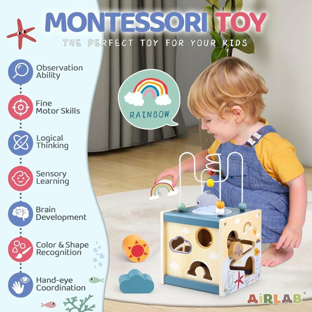 Wooden Activity Cube Montessori Toys For 1 Year Old Toddlers 12 Months + Toddler Learning Toys 1-3 Boys Girls Baby Sensory Interactive Birthday Gift  |  Activity Cubes Activity Cubes Activity Cubes