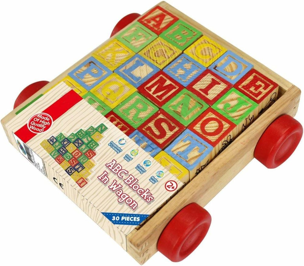 Wooden Alphabet Blocks  Best Wagon Abc Wooden Block Letters Come In A Pull Wagon For Easy Storage And Movement  Most Entertaining Wooden Toy For Toddlers  30 Pieces Set.  |  Sorting & Stacking Toys All Toys Sorting & Stacking Toys