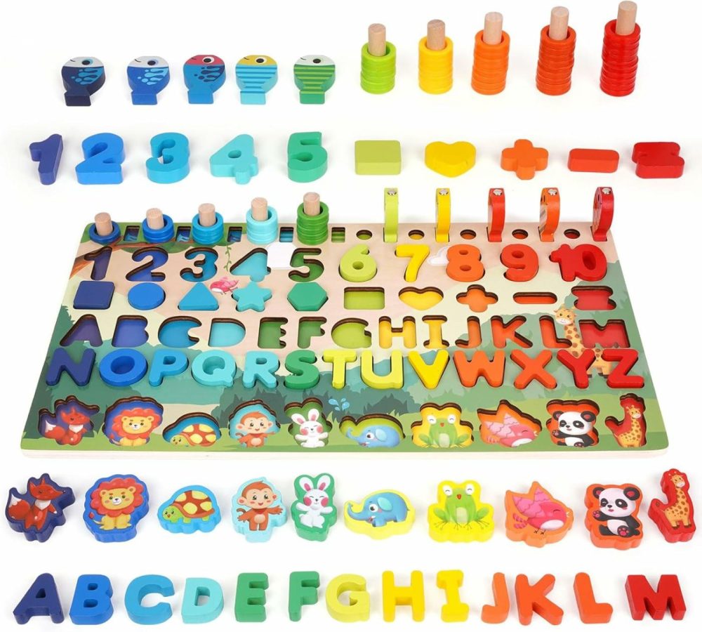 Wooden Alphabet Number Shape Puzzles Toddler Learning Puzzle Toys For Kids – Montessori Toys For Toddlers Fishing Toy – Wooden Rings Counting Sorting Toys Math Shape Block Preschool Educational Toys  |  Sorting & Stacking Toys All Toys Sorting & Stacking Toys