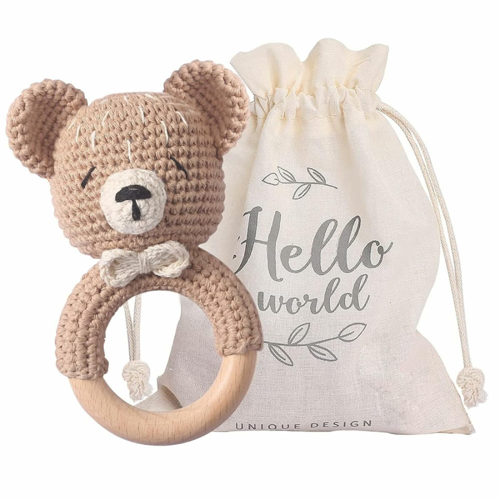 Wooden Baby Rattle Crochet Bear Baby Toys Handmade Newborn Toy Early Development Grips Stuffed Animal Organic Rattle (Bear)  |  Rattles & Plush Rings All Toys Bear