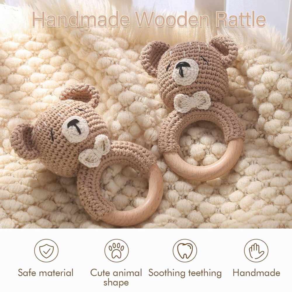 Wooden Baby Rattle Crochet Bear Baby Toys Handmade Newborn Toy Early Development Grips Stuffed Animal Organic Rattle (Bear)  |  Rattles & Plush Rings All Toys Bear