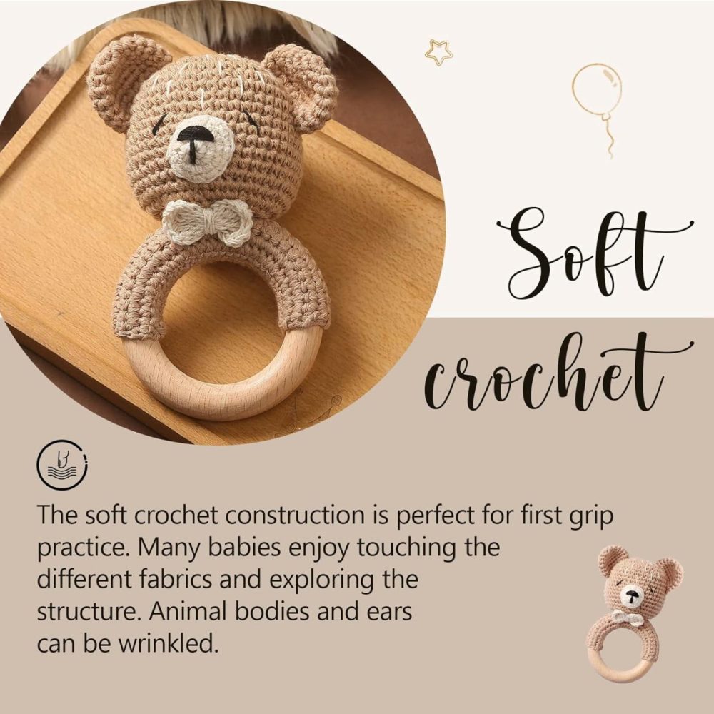 Wooden Baby Rattle Crochet Bear Baby Toys Handmade Newborn Toy Early Development Grips Stuffed Animal Organic Rattle (Bear)  |  Rattles & Plush Rings All Toys Bear