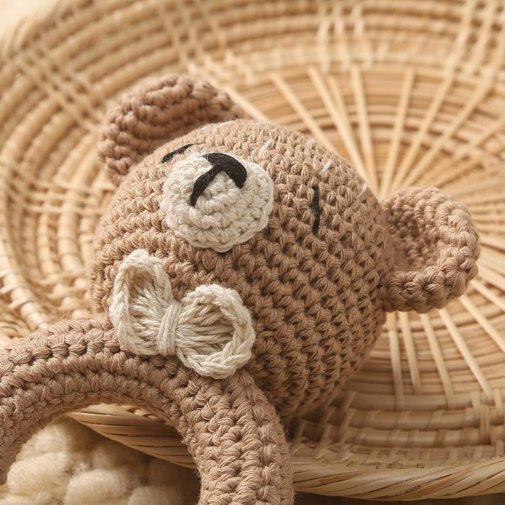 Wooden Baby Rattle Crochet Bear Baby Toys Handmade Newborn Toy Early Development Grips Stuffed Animal Organic Rattle (Bear)  |  Rattles & Plush Rings All Toys Bear