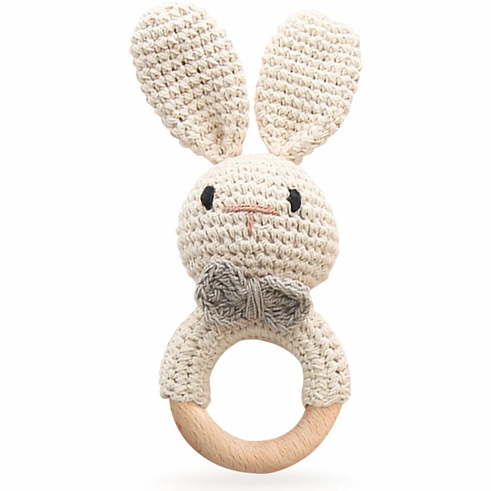 Wooden Baby Rattle  Handcrafted Crochet Bunny Rattles With Wooden Teething Ring  Beige Rabbit Newborn Toy Stuffed Animal Organic Rattle Baby Announcement Ideas Props  |  Rattles & Plush Rings All Toys Bunny