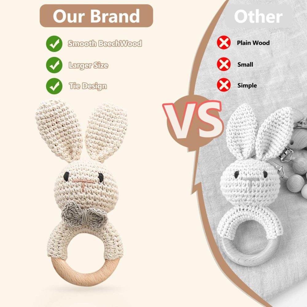 Wooden Baby Rattle  Handcrafted Crochet Bunny Rattles With Wooden Teething Ring  Beige Rabbit Newborn Toy Stuffed Animal Organic Rattle Baby Announcement Ideas Props  |  Rattles & Plush Rings All Toys Bunny