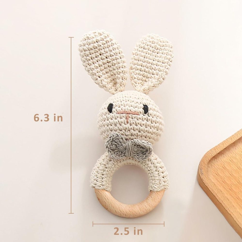 Wooden Baby Rattle  Handcrafted Crochet Bunny Rattles With Wooden Teething Ring  Beige Rabbit Newborn Toy Stuffed Animal Organic Rattle Baby Announcement Ideas Props  |  Rattles & Plush Rings All Toys Bunny