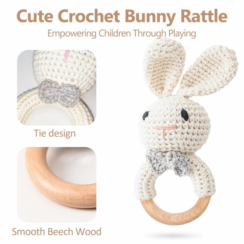 Wooden Baby Rattle  Handcrafted Crochet Bunny Rattles With Wooden Teething Ring  Beige Rabbit Newborn Toy Stuffed Animal Organic Rattle Baby Announcement Ideas Props  |  Rattles & Plush Rings All Toys Bunny