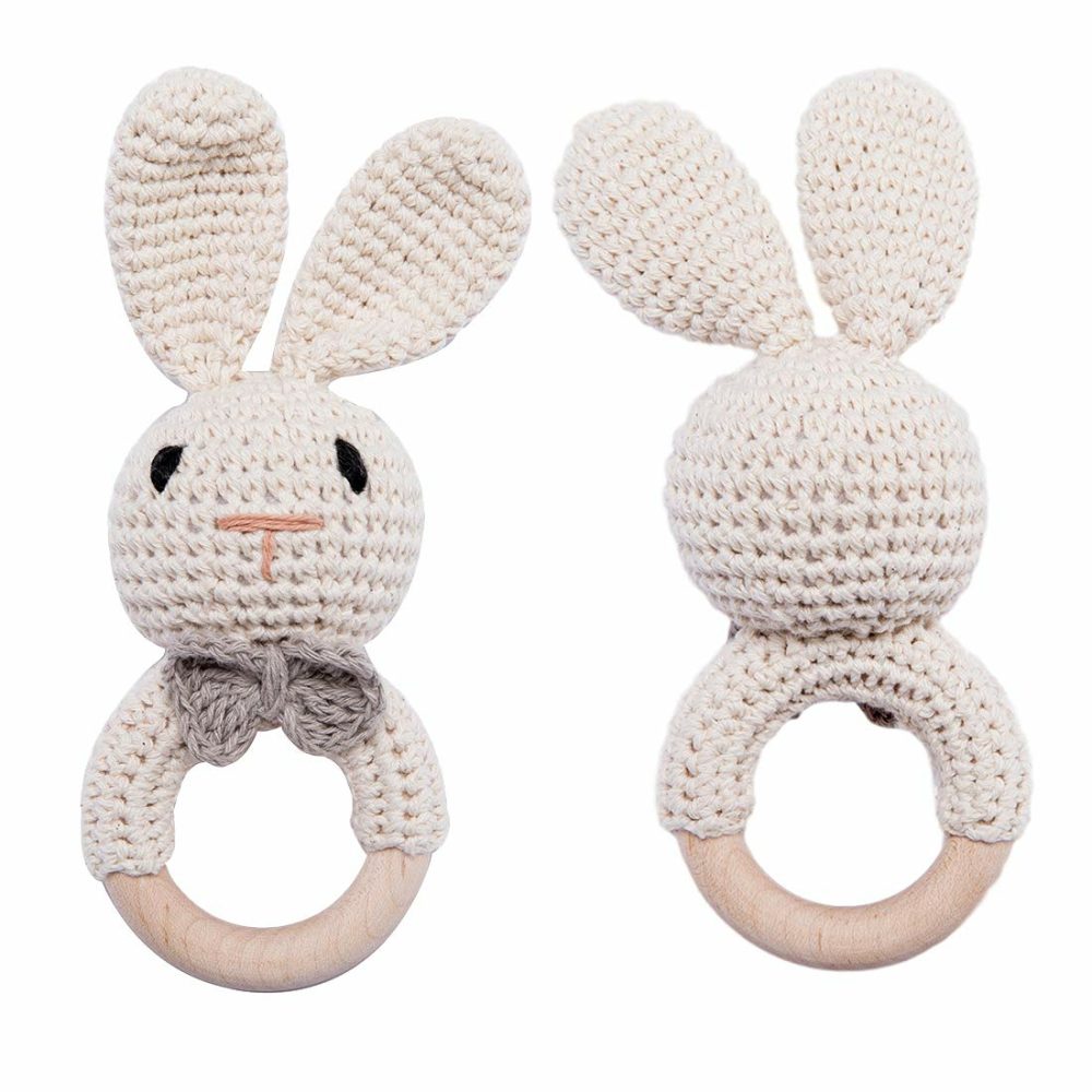 Wooden Baby Rattle Lovely Crochet Bunny Ring Rattle Baby Toys,Beige Bunny  |  Rattles & Plush Rings All Toys beige bunny