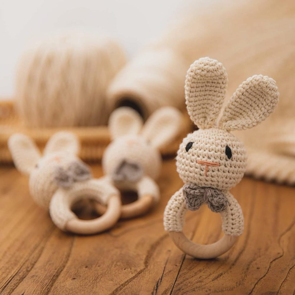 Wooden Baby Rattle Lovely Crochet Bunny Ring Rattle Baby Toys,Beige Bunny  |  Rattles & Plush Rings All Toys beige bunny