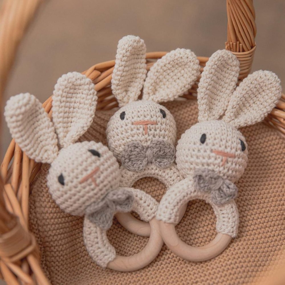 Wooden Baby Rattle Lovely Crochet Bunny Ring Rattle Baby Toys,Beige Bunny  |  Rattles & Plush Rings All Toys beige bunny