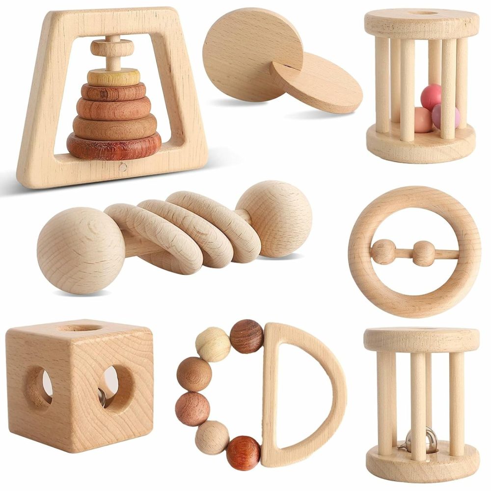 Wooden Baby Toy 8Pcs  Montessori Toys For Babies 1-3 Years Old  Wooden Rattles Toy Set For Infant Grasping  Sensory Development  Gift For Baby Boys Girls (Natural Wood)  |  Rattles & Plush Rings All Toys Rattles & Plush Rings