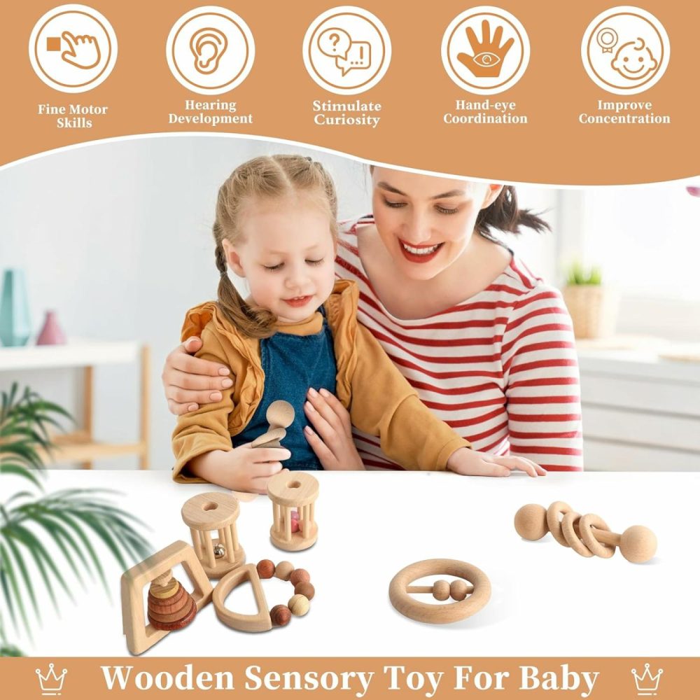 Wooden Baby Toy 8Pcs  Montessori Toys For Babies 1-3 Years Old  Wooden Rattles Toy Set For Infant Grasping  Sensory Development  Gift For Baby Boys Girls (Natural Wood)  |  Rattles & Plush Rings All Toys Rattles & Plush Rings