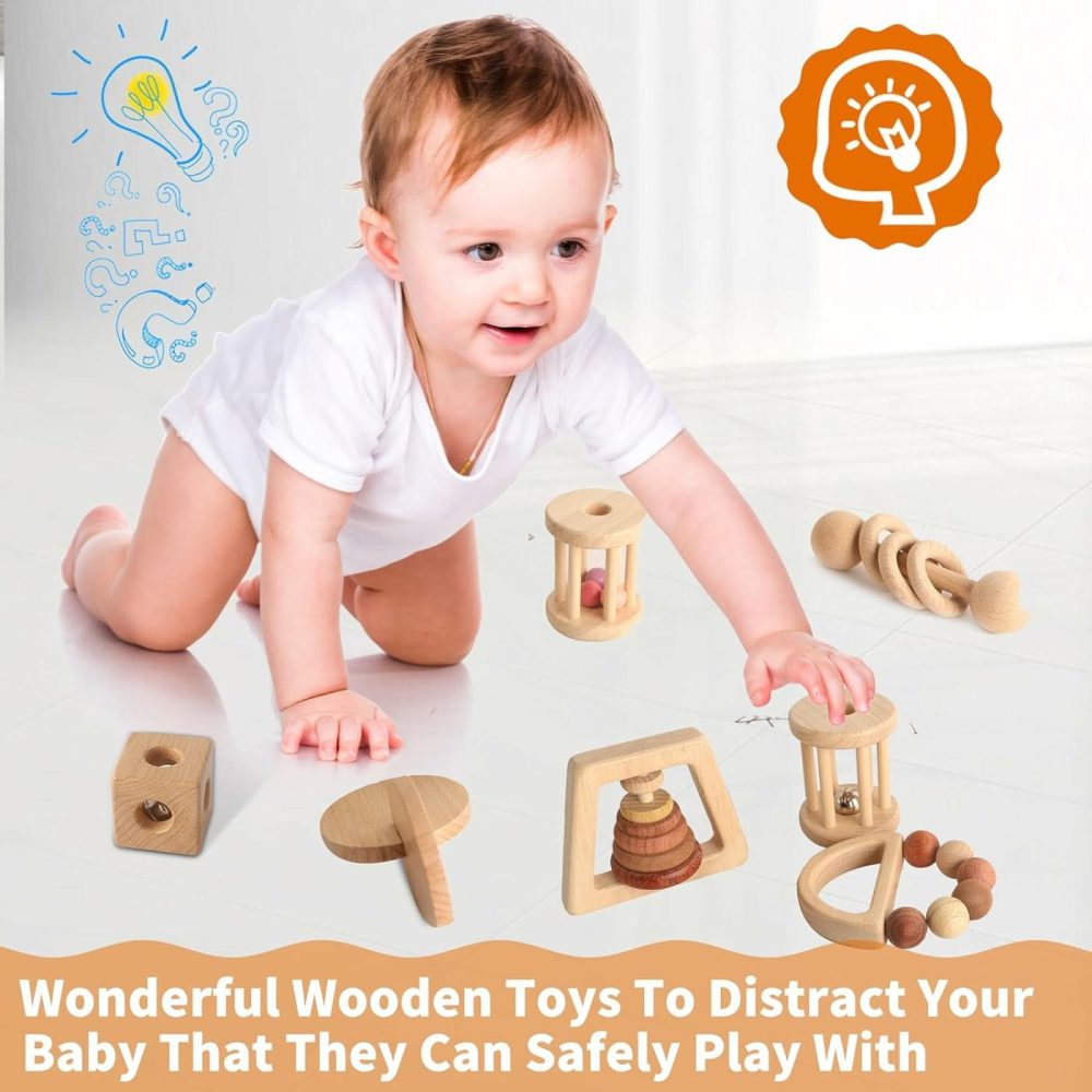 Wooden Baby Toy 8Pcs  Montessori Toys For Babies 1-3 Years Old  Wooden Rattles Toy Set For Infant Grasping  Sensory Development  Gift For Baby Boys Girls (Natural Wood)  |  Rattles & Plush Rings All Toys Rattles & Plush Rings