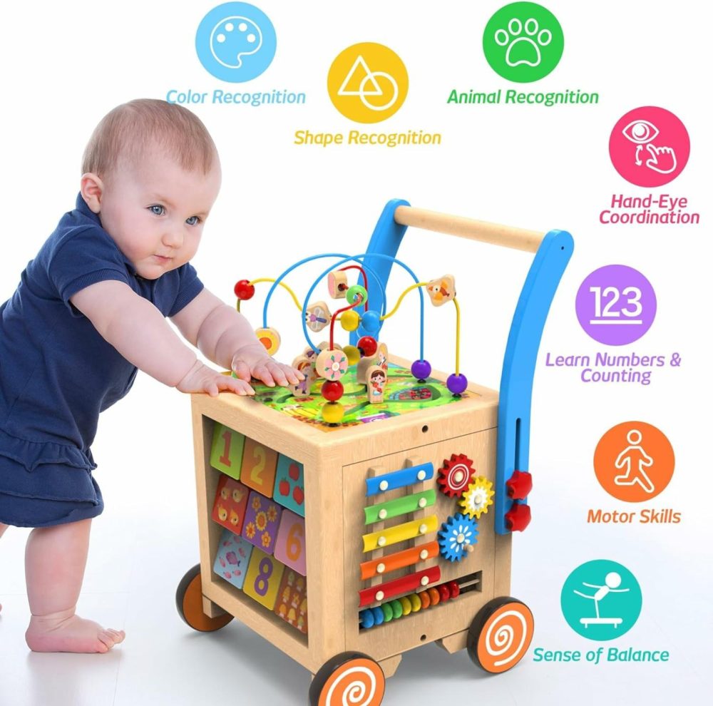 Wooden Baby Walker | 9-In-1 Wooden Activity Cube  Sit-To-Stand Learning Walker Activity Center  Early Educational Push & Pull Toys For Baby Toddler Boys Girls  Height & Brake Adjustable  |  Push & Pull Toys All Toys Push & Pull Toys