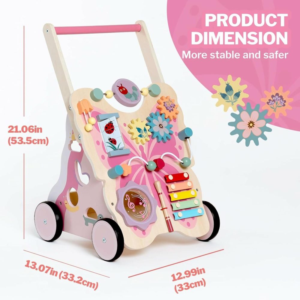 Wooden Baby Walker For Girls  Pink Butterfly Push And Pull Learning Activity Walker  Baby Push Walker With Wheels Montessori Toys Develops Motor Skills & Stimulates Creativity  |  Push & Pull Toys All Toys Push & Pull Toys