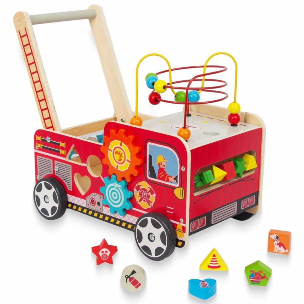 Wooden Baby Walker With Bead Maze For 1 Year Old And Up  Wooden Push Toy For 12 Month  Wooden Cart With Blocks  |  Push & Pull Toys All Toys Multicolor