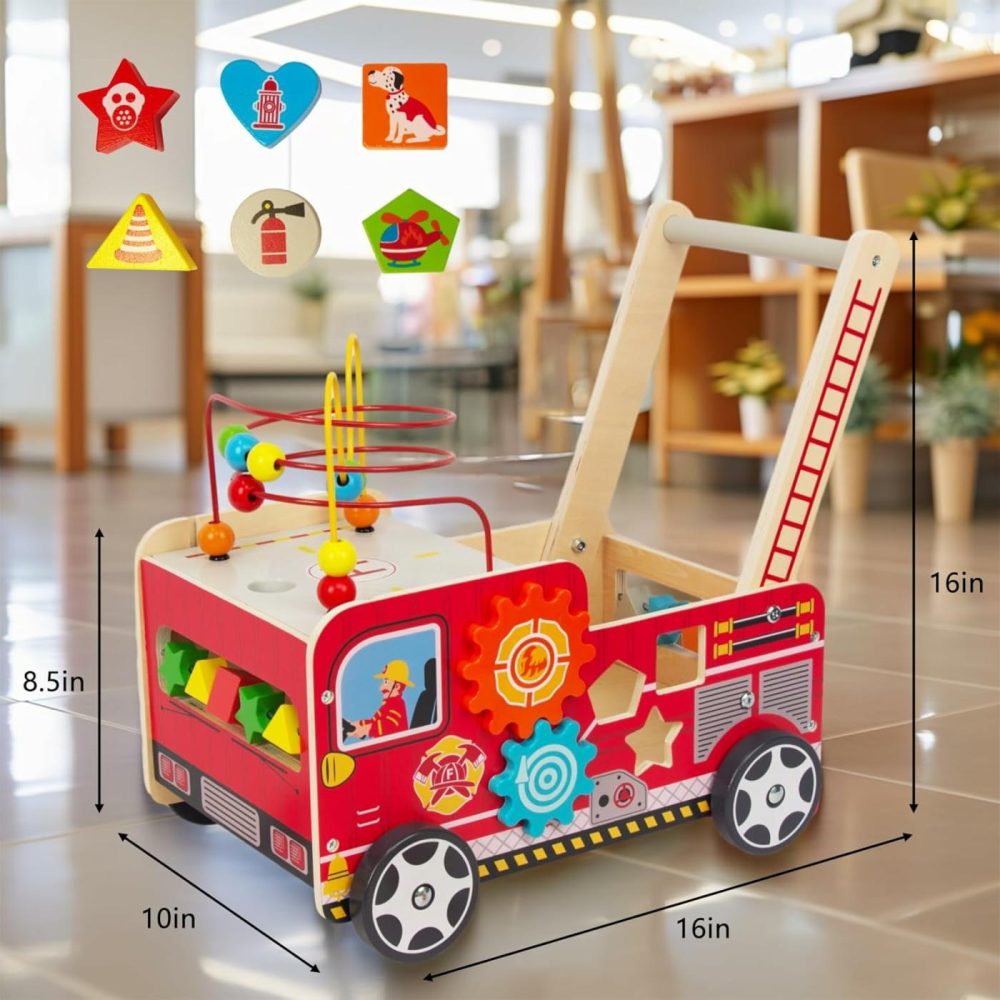 Wooden Baby Walker With Bead Maze For 1 Year Old And Up  Wooden Push Toy For 12 Month  Wooden Cart With Blocks  |  Push & Pull Toys All Toys Multicolor