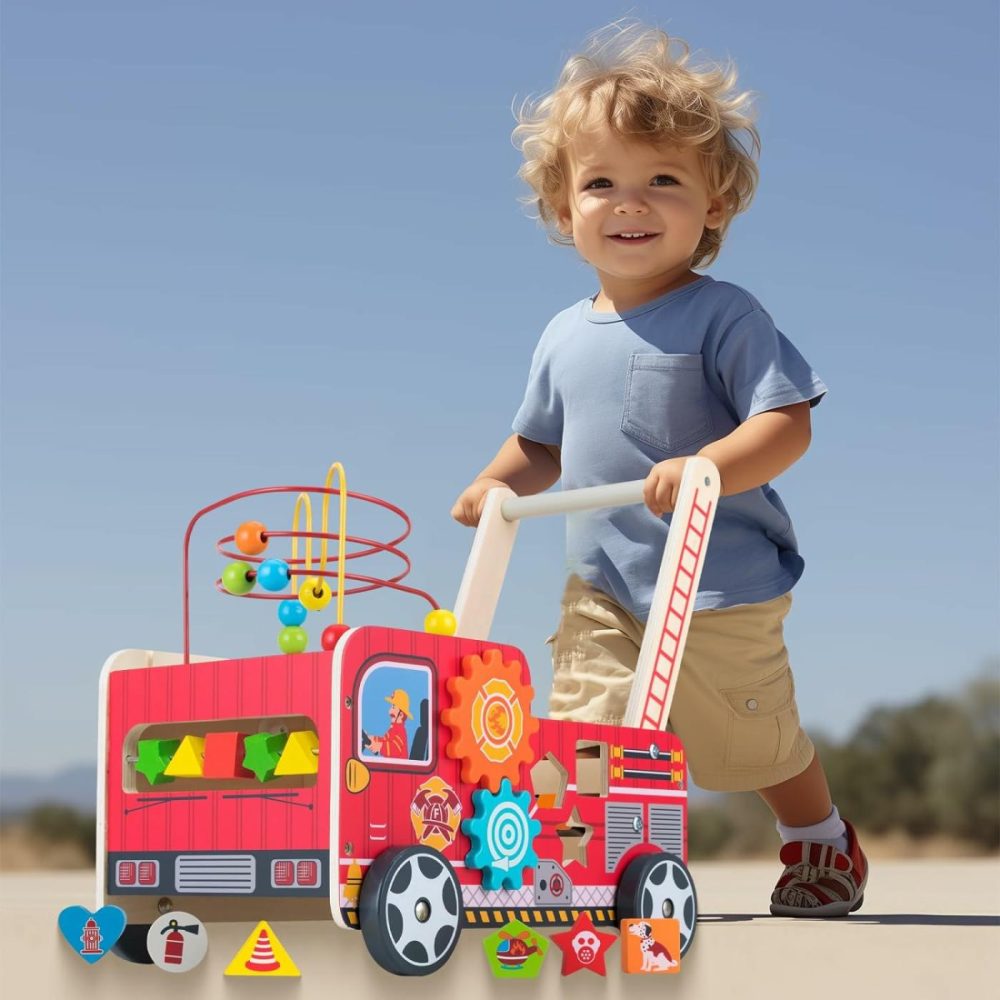 Wooden Baby Walker With Bead Maze For 1 Year Old And Up  Wooden Push Toy For 12 Month  Wooden Cart With Blocks  |  Push & Pull Toys All Toys Multicolor