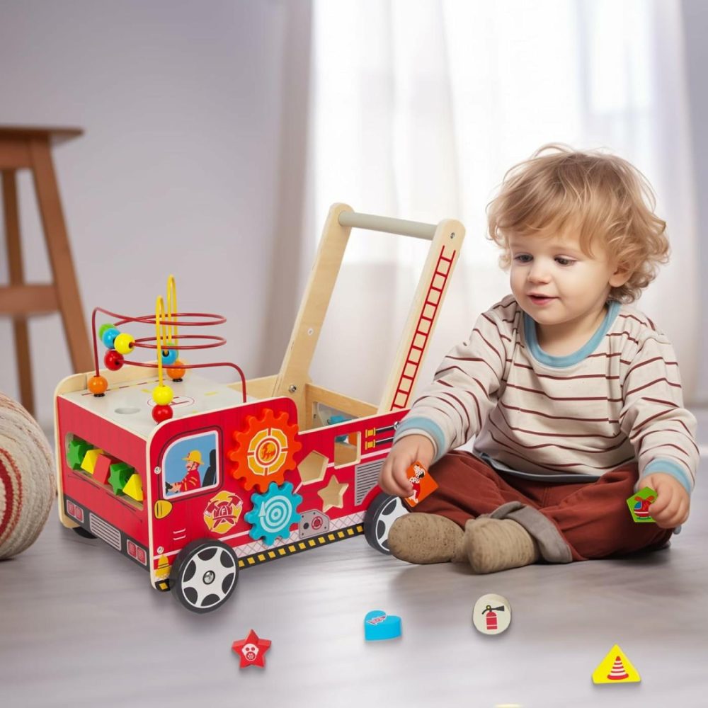 Wooden Baby Walker With Bead Maze For 1 Year Old And Up  Wooden Push Toy For 12 Month  Wooden Cart With Blocks  |  Push & Pull Toys All Toys Multicolor