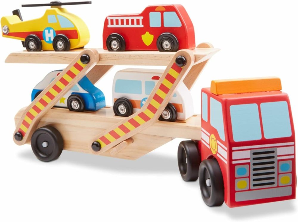 Wooden Emergency Vehicle Carrier Truck With 1 Truck And 4 Rescue Vehicles  |  Motor Vehicles All Toys Motor Vehicles