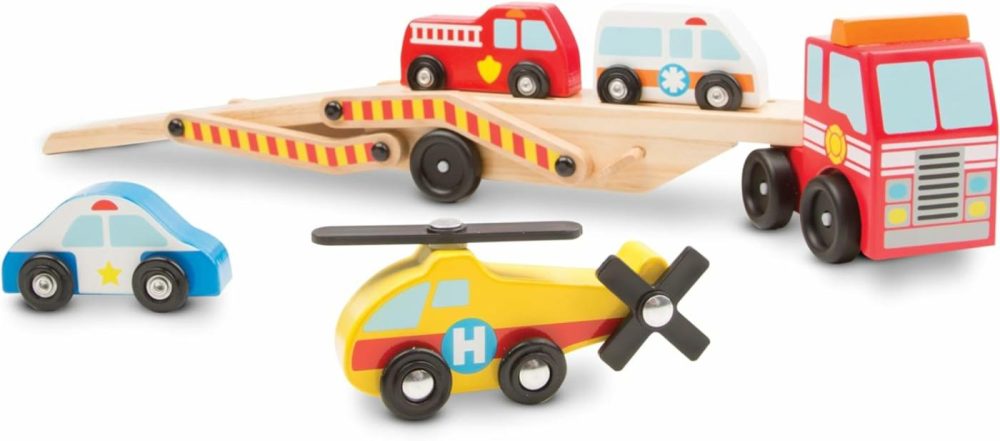 Wooden Emergency Vehicle Carrier Truck With 1 Truck And 4 Rescue Vehicles  |  Motor Vehicles All Toys Motor Vehicles