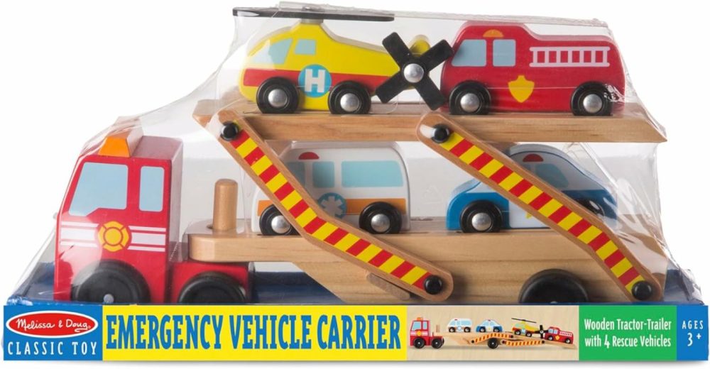 Wooden Emergency Vehicle Carrier Truck With 1 Truck And 4 Rescue Vehicles  |  Motor Vehicles All Toys Motor Vehicles