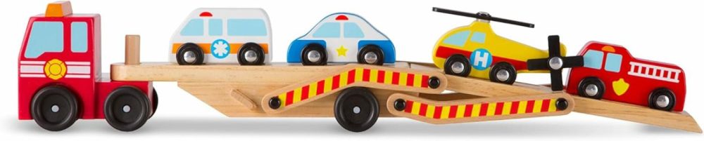 Wooden Emergency Vehicle Carrier Truck With 1 Truck And 4 Rescue Vehicles  |  Motor Vehicles All Toys Motor Vehicles