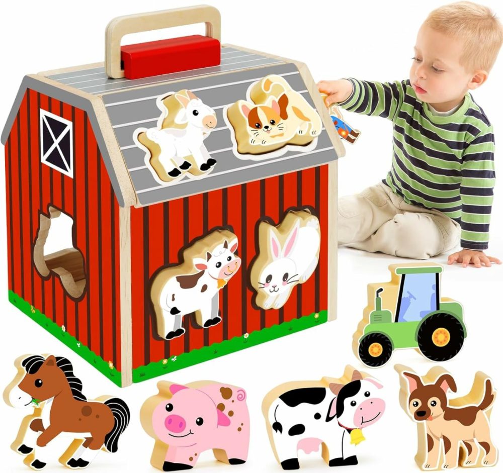 Wooden Farm Animals Toys For 1 2 3 Year Old Girl Boy  Take-Along Sorting Barn Toy With Baby Chunky Puzzles  Montessori Learning Toys For Fine Motor Games  Christmas Birthday Gifts For Toddlers 1-3  |  Sorting & Stacking Toys All Toys Sorting & Stacking Toys