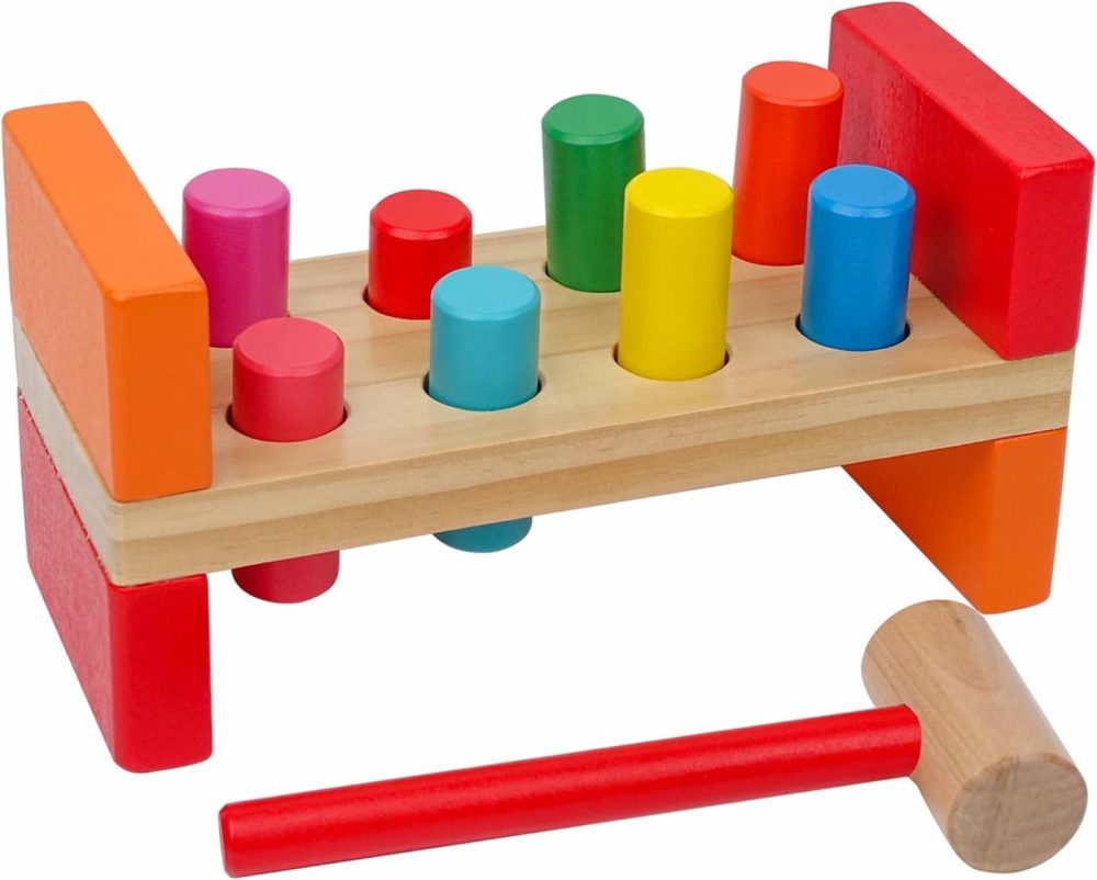 Wooden Hammer Toy For Toddlers 1-3  Montessori Pounding Bench Toy With 8 Pegs And Mallet For Hand-Eye Coordination  Steam Toddler Toy  |  Hammering & Pounding Toys All Toys Hammering & Pounding Toys