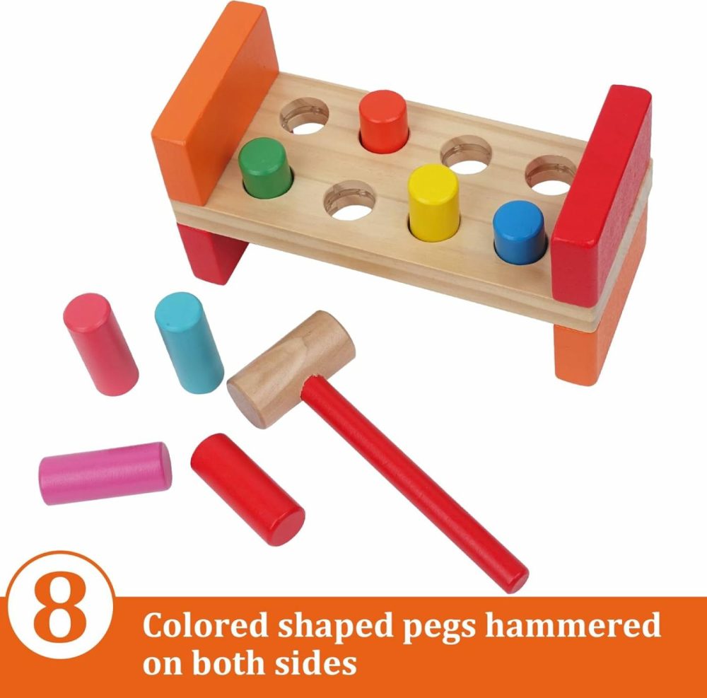 Wooden Hammer Toy For Toddlers 1-3  Montessori Pounding Bench Toy With 8 Pegs And Mallet For Hand-Eye Coordination  Steam Toddler Toy  |  Hammering & Pounding Toys All Toys Hammering & Pounding Toys