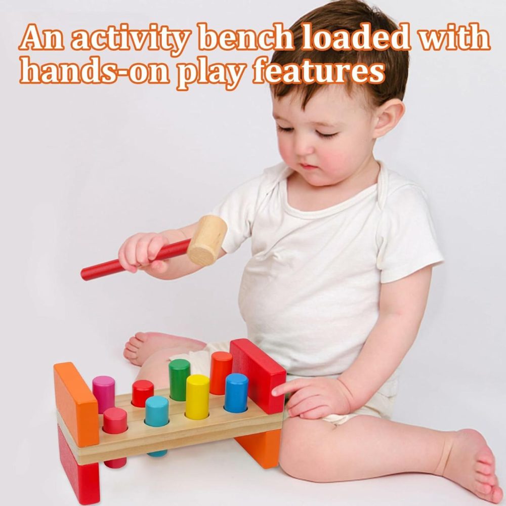 Wooden Hammer Toy For Toddlers 1-3  Montessori Pounding Bench Toy With 8 Pegs And Mallet For Hand-Eye Coordination  Steam Toddler Toy  |  Hammering & Pounding Toys All Toys Hammering & Pounding Toys