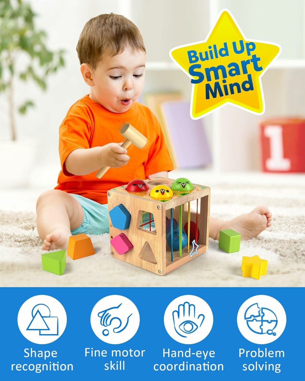 Wooden Montessori Toys For Toddlers  Shape Sorting Cube Whack Mole Fine Motor Skills Game For 1 2 3 Year Old 18 Month Baby Boys Girls Gift  |  Sorting & Stacking Toys All Toys Sorting & Stacking Toys