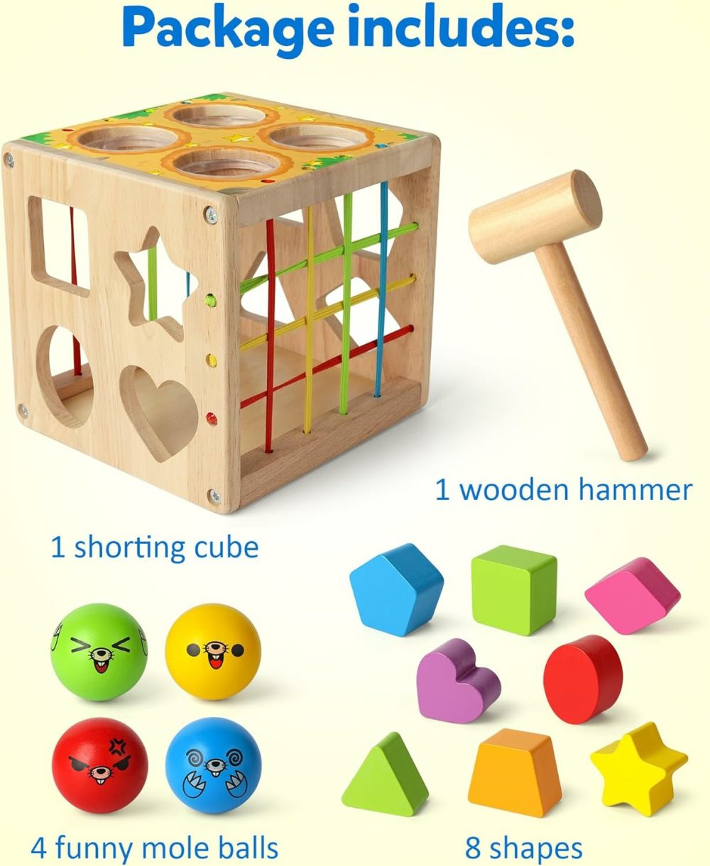 Wooden Montessori Toys For Toddlers  Shape Sorting Cube Whack Mole Fine Motor Skills Game For 1 2 3 Year Old 18 Month Baby Boys Girls Gift  |  Sorting & Stacking Toys All Toys Sorting & Stacking Toys