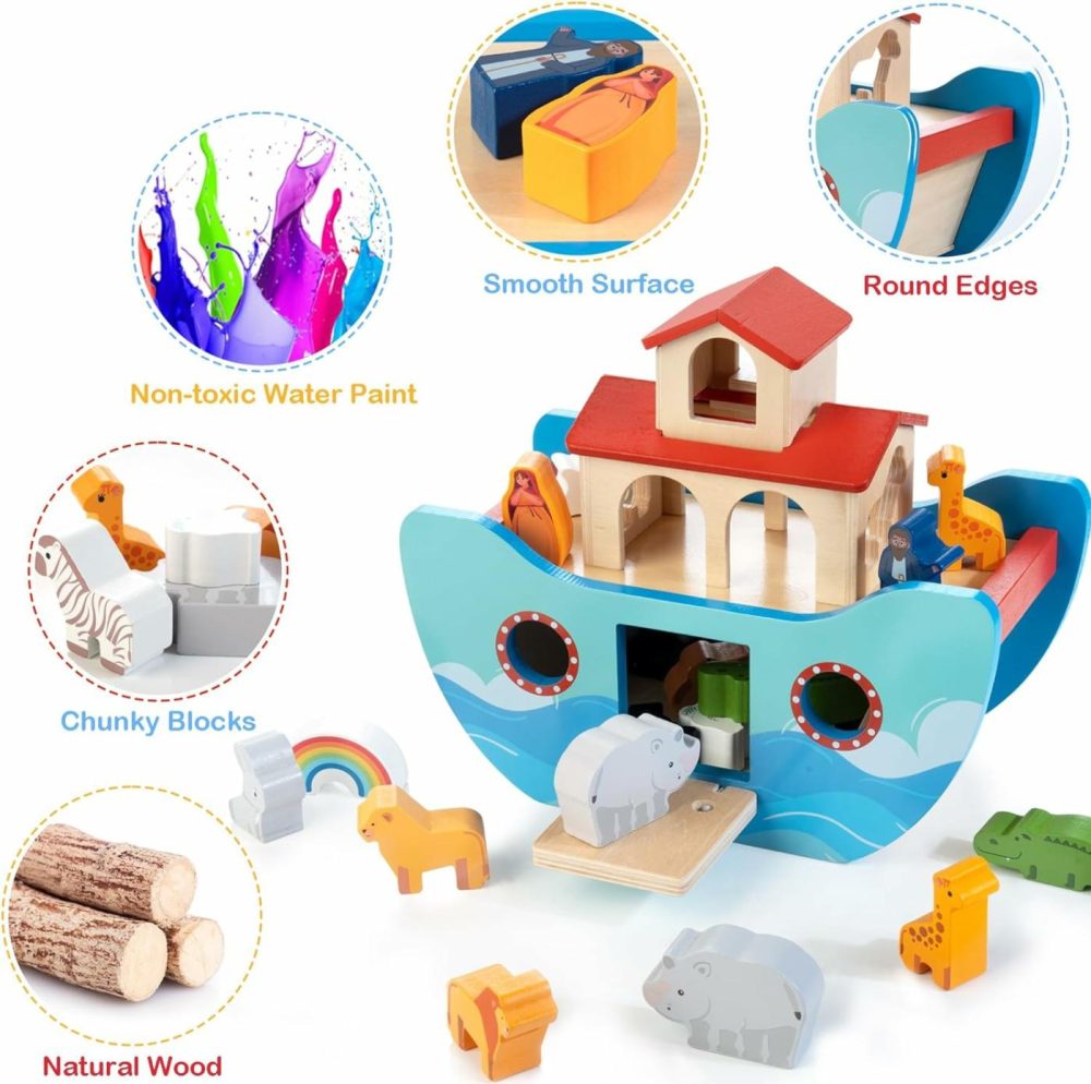 Wooden Noah’s Ark Toy Animal Play Set  Bible Story Toys Baptism Gift For Boys And Girls Age 1+ Years  Baby Shape Sorter Toy  |  Sorting & Stacking Toys All Toys Sorting & Stacking Toys