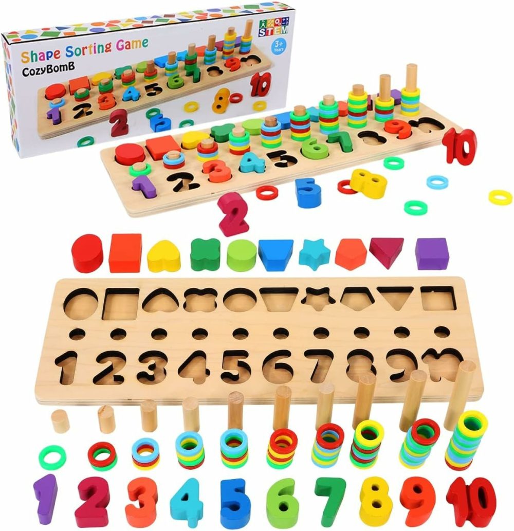 Wooden Number Puzzle Sorting Montessori Toys For 1 Year Old Toddlers – Shape Sorter Counting Game For Age 3 4 5 Year Olds  Preschool Education Math Stacking Block Learning Wood Chunky Jigsaw  |  Sorting & Stacking Toys All Toys Rainbow