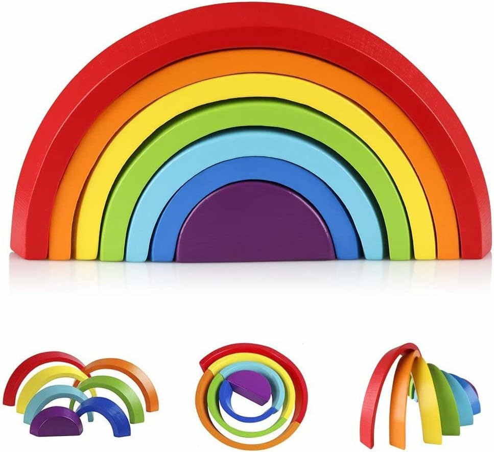 Wooden Rainbow Stacker Nesting Puzzle Blocks – Tunnel Stacking Game Building Creative Color Shape Matching Jigsaw Learning Toy Set Board Early Development Gift For Kids Boy Girl  |  Sorting & Stacking Toys All Toys Sorting & Stacking Toys