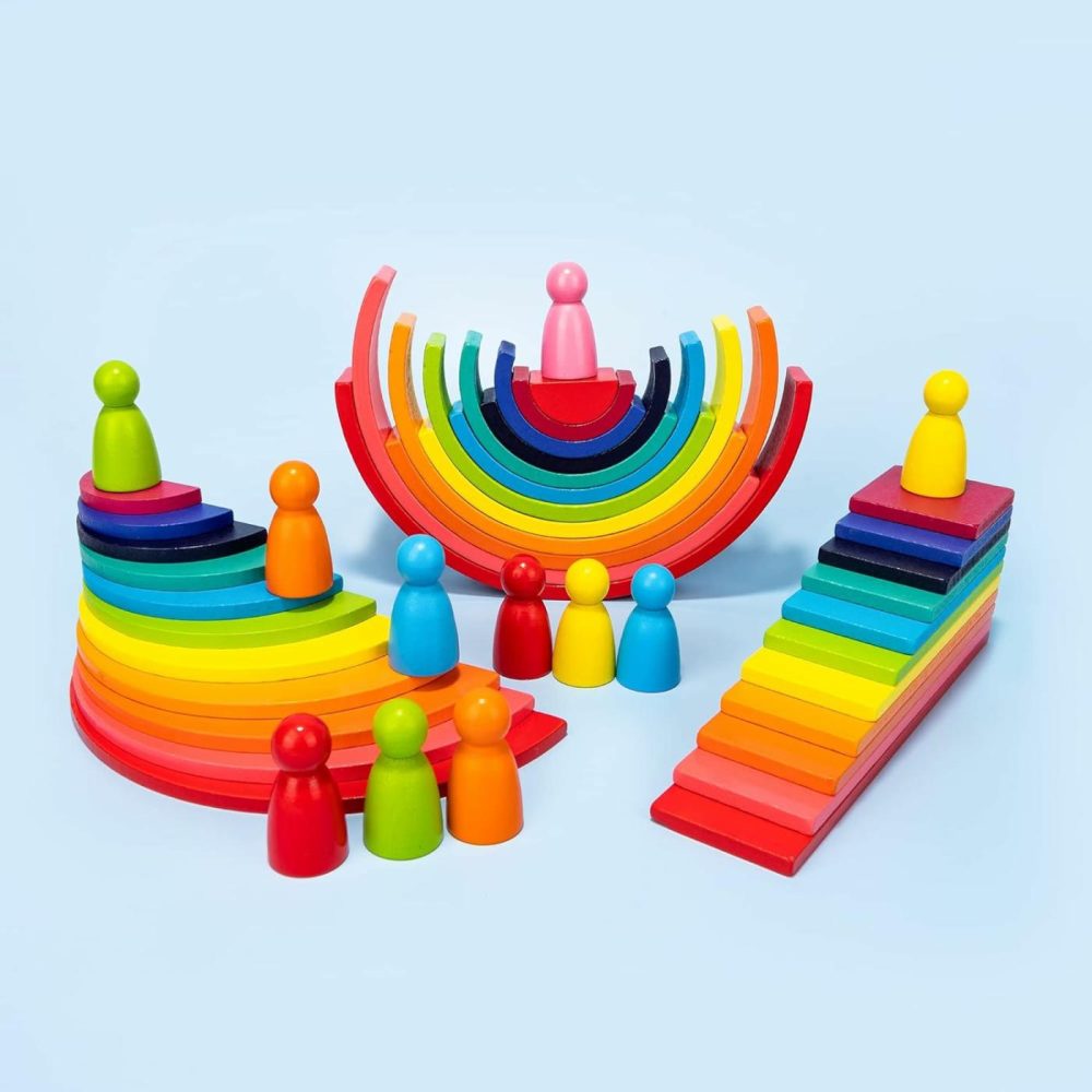 Wooden Rianbow Stacker Playset  4-In-1 Rainbow Stacking Toys Building Blocks For Kids Ages 3 4 5 Preschool Montessori Toys Christmas Birthday Gifts For Toddlers Boys Girls 3-5 (45 Pieces)  |  Sorting & Stacking Toys All Toys Sorting & Stacking Toys