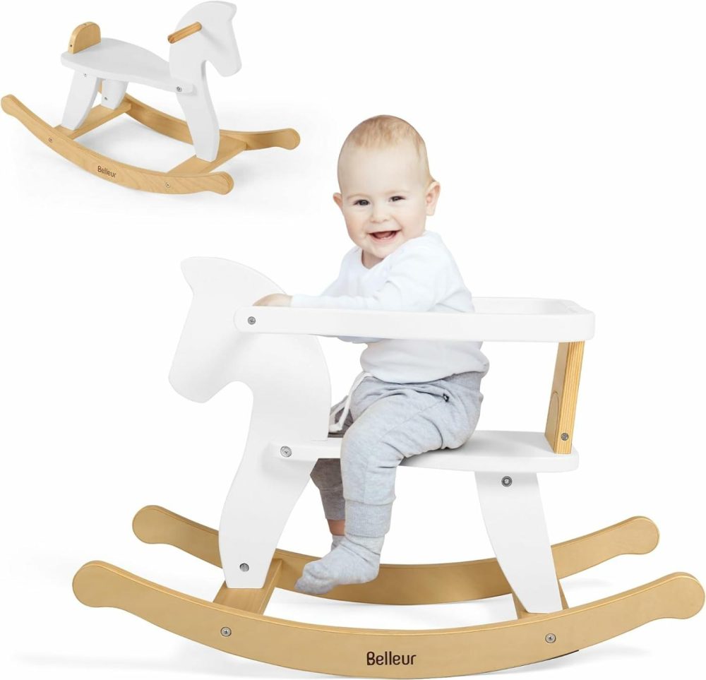 Wooden Rocking Horse For Toddler 1-3 Year Old  Baby Wood Ride-On Toys With Removable Fence For Indoor & Outdoor Activities  Boys & Girls Rocking Animal For Birthday White  |  Rocking Horses & Animals All Toys Rocking Horses & Animals