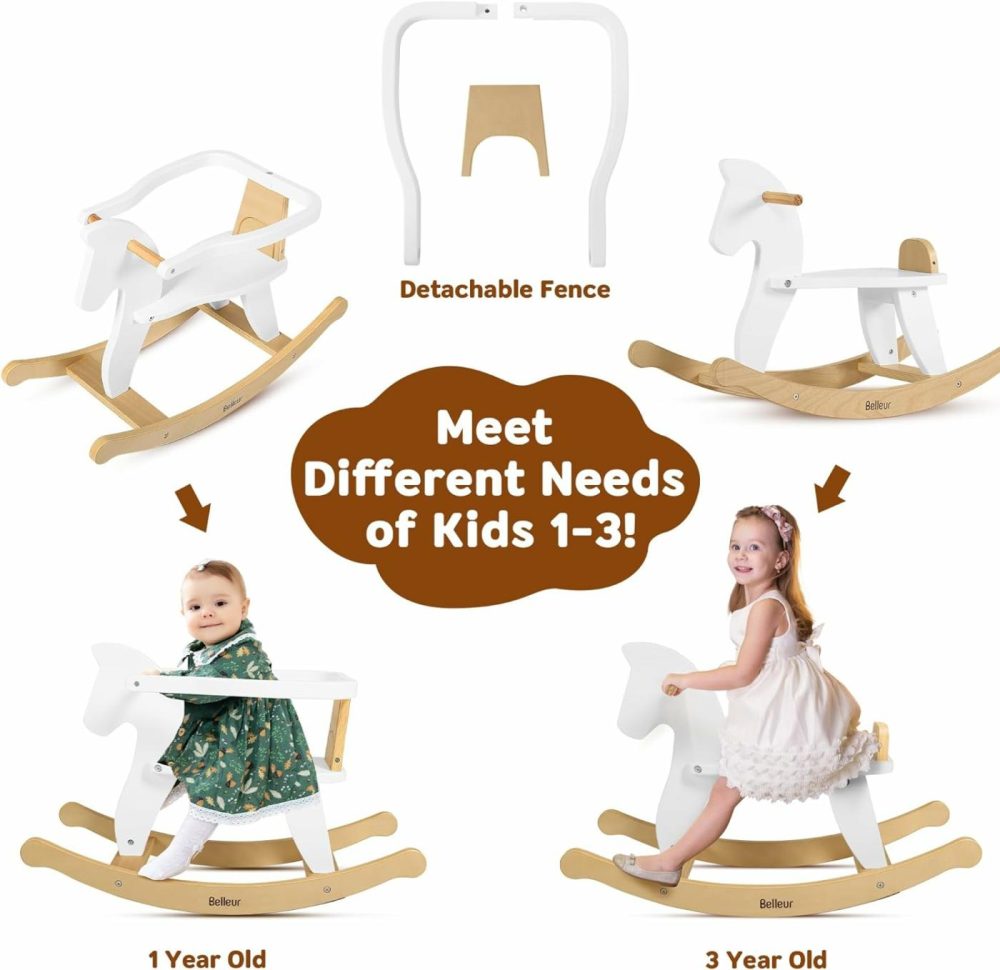 Wooden Rocking Horse For Toddler 1-3 Year Old  Baby Wood Ride-On Toys With Removable Fence For Indoor & Outdoor Activities  Boys & Girls Rocking Animal For Birthday White  |  Rocking Horses & Animals All Toys Rocking Horses & Animals