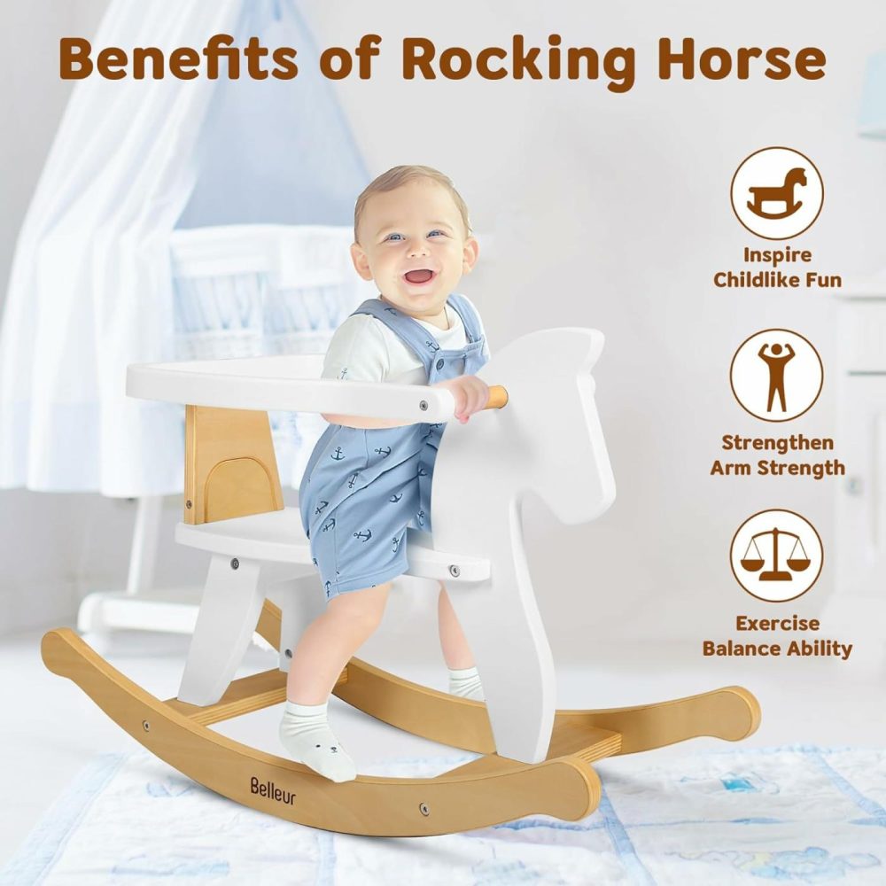 Wooden Rocking Horse For Toddler 1-3 Year Old  Baby Wood Ride-On Toys With Removable Fence For Indoor & Outdoor Activities  Boys & Girls Rocking Animal For Birthday White  |  Rocking Horses & Animals All Toys Rocking Horses & Animals