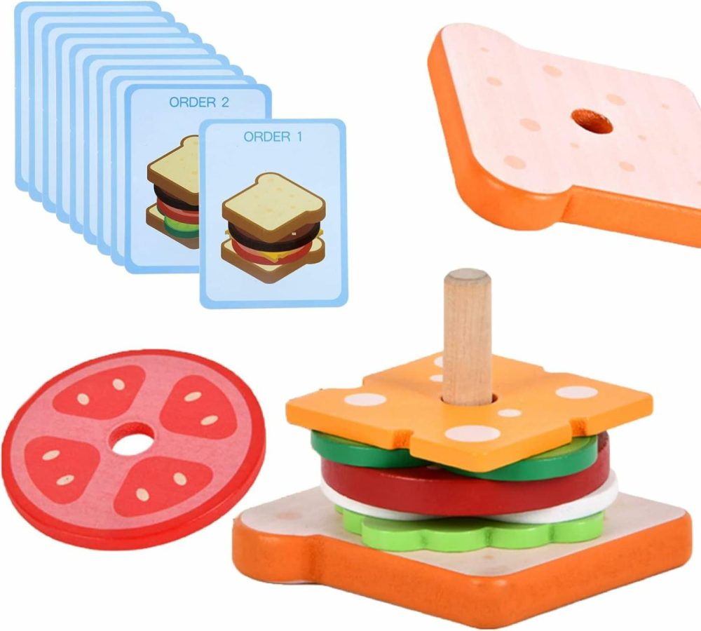 Wooden Sandwich Stacking Toys  Montessori Toys For Toddlers Kitchen Play Food Educational Preschool Learning Toys Christmas Birthday Gift Kids Toys For Boys Girls 3 4 5 Years Old (Sandwich)  |  Sorting & Stacking Toys All Toys Sandwich