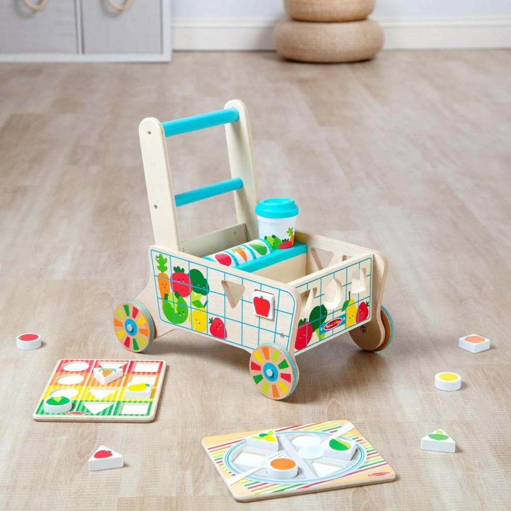 Wooden Shape Sorting Grocery Cart Push Toy And Puzzles – Pretend Play Grocery Toys  Sorting And Stacking Toys For Infants And Toddlers Ages 1+ – Fsc-Certified Materials  |  Push & Pull Toys All Toys Push & Pull Toys