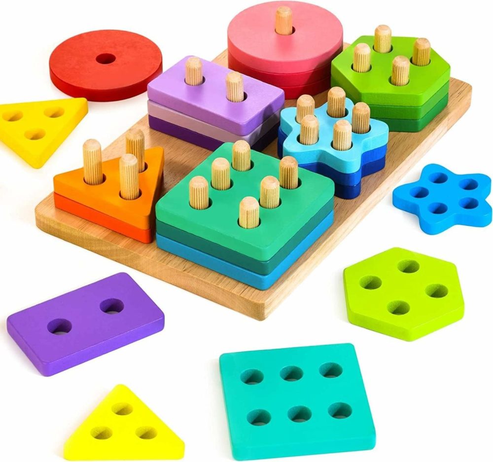 Wooden Sorting & Stacking Toys  Montessori Toys For 1 2 3 Years Old Toddlers  Shape Sorter Puzzles With 24-Piece Large Geometric Blocks & 12 Word Cards  Gift For 12+ Months Baby Boys Girls  |  Sorting & Stacking Toys All Toys Rainbow