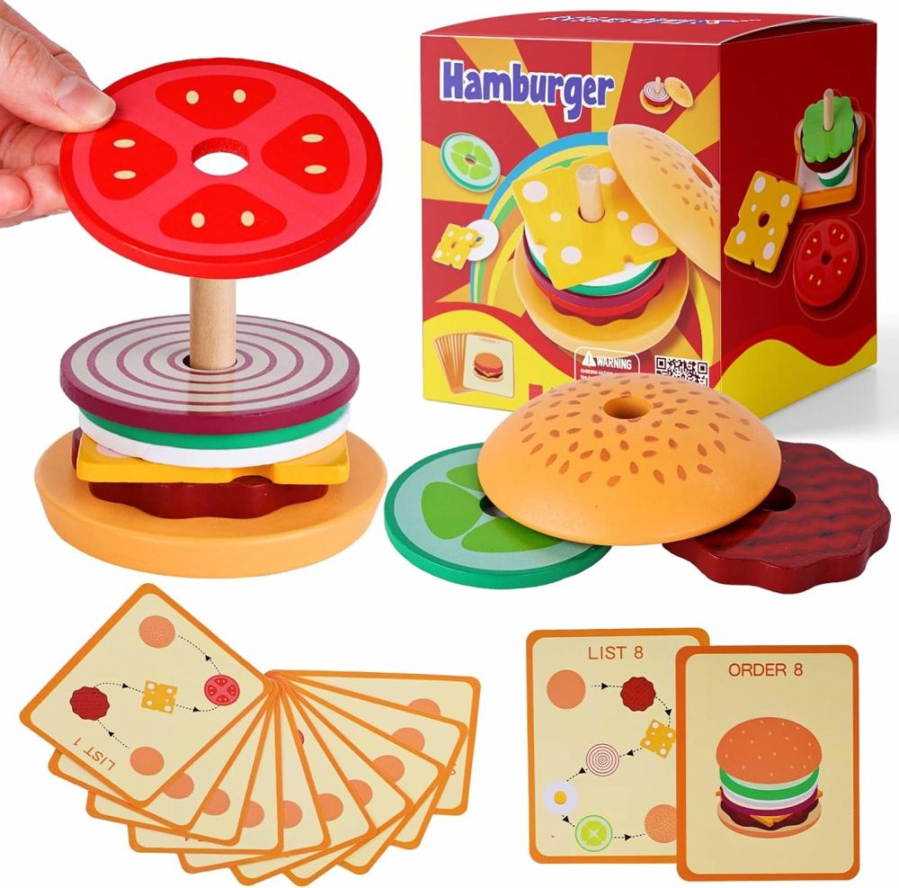 Wooden Stacking Toys  Montessori Toys For Kids Burger Stacking Toys Educational Preschool Learning Toys For Boys Girls Birthday Gifts  |  Sorting & Stacking Toys All Toys Sorting & Stacking Toys