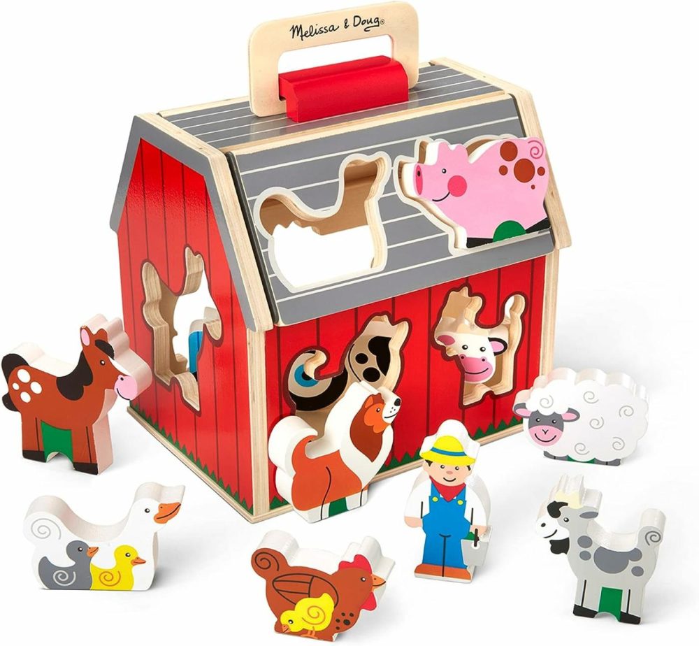 Wooden Take-Along Sorting Barn Toy With Flip-Up Roof And Handle  10 Wooden Farm Play Pieces – Farm Toys  Shape Sorting And Stacking Learning Toys For Toddlers And Kids Ages 2+  |  Sorting & Stacking Toys All Toys Sorting & Stacking Toys