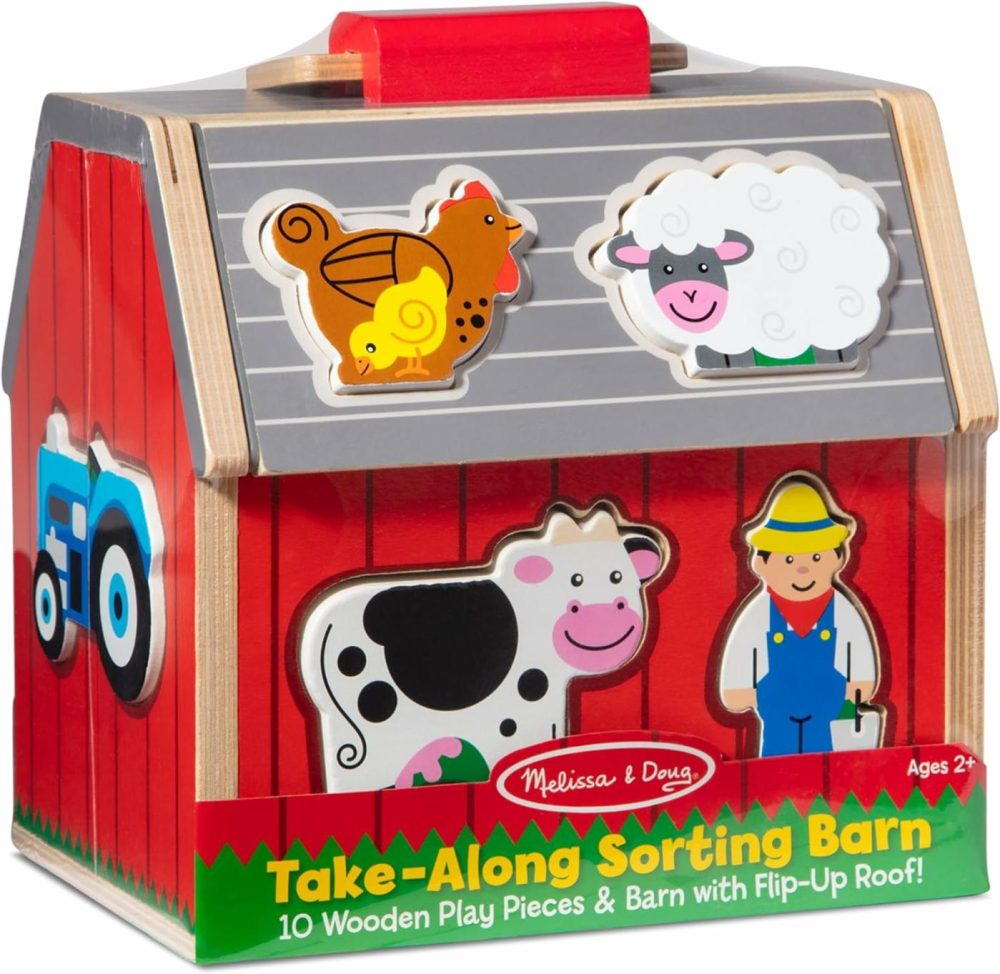 Wooden Take-Along Sorting Barn Toy With Flip-Up Roof And Handle  10 Wooden Farm Play Pieces – Farm Toys  Shape Sorting And Stacking Learning Toys For Toddlers And Kids Ages 2+  |  Sorting & Stacking Toys All Toys Sorting & Stacking Toys