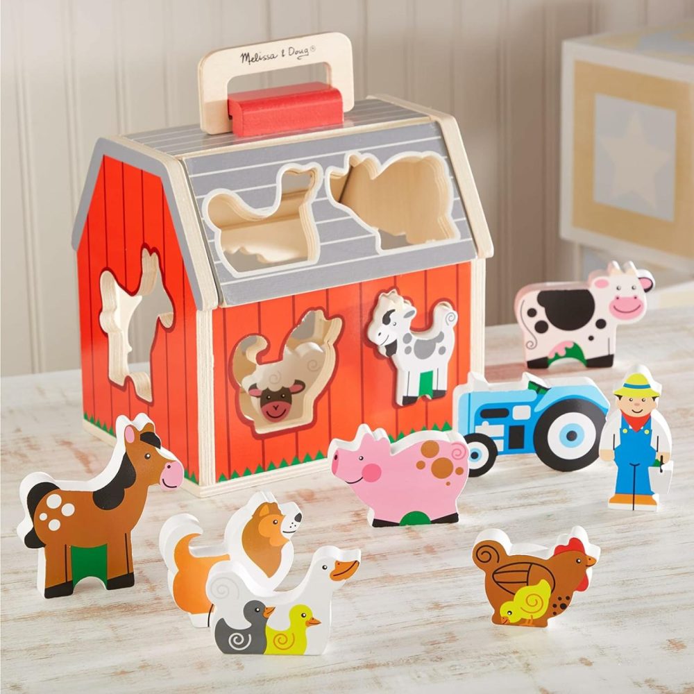 Wooden Take-Along Sorting Barn Toy With Flip-Up Roof And Handle  10 Wooden Farm Play Pieces – Farm Toys  Shape Sorting And Stacking Learning Toys For Toddlers And Kids Ages 2+  |  Sorting & Stacking Toys All Toys Sorting & Stacking Toys