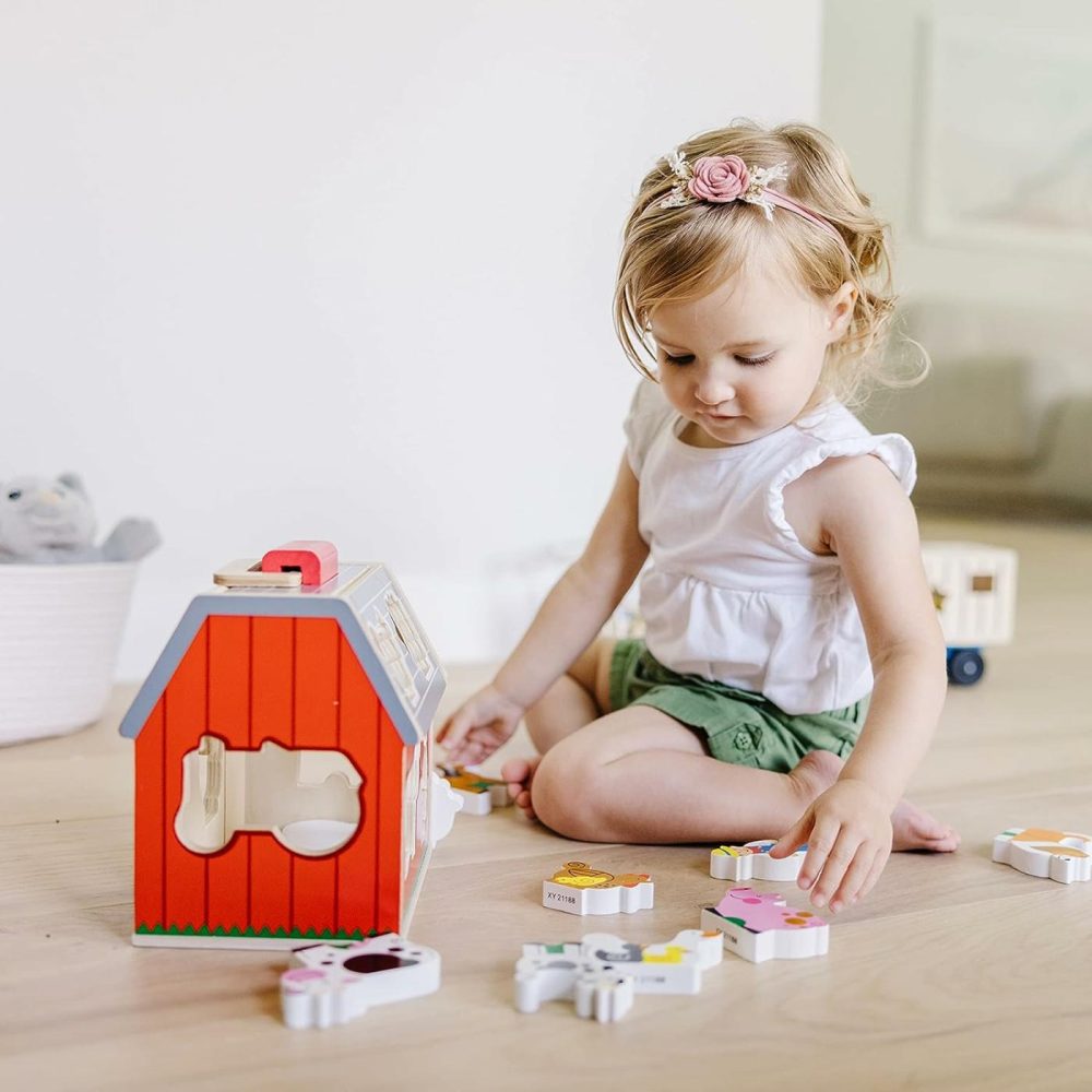 Wooden Take-Along Sorting Barn Toy With Flip-Up Roof And Handle  10 Wooden Farm Play Pieces – Farm Toys  Shape Sorting And Stacking Learning Toys For Toddlers And Kids Ages 2+  |  Sorting & Stacking Toys All Toys Sorting & Stacking Toys