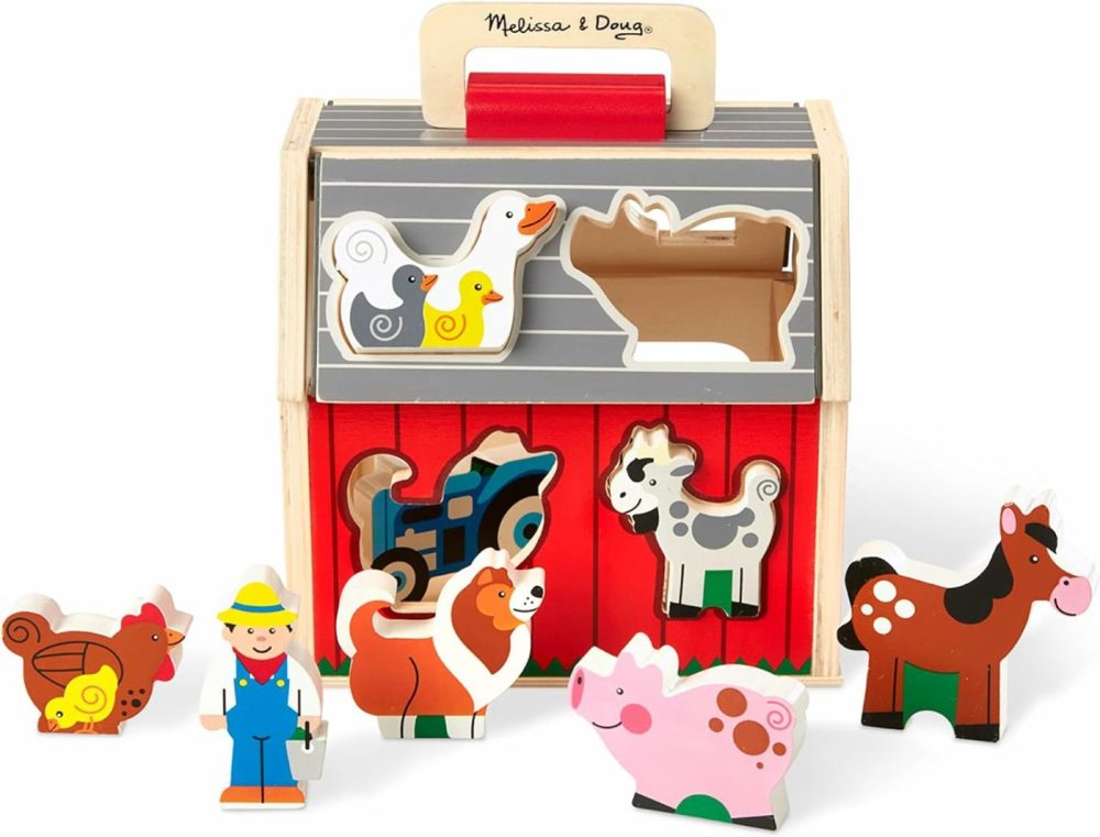 Wooden Take-Along Sorting Barn Toy With Flip-Up Roof And Handle  10 Wooden Farm Play Pieces – Farm Toys  Shape Sorting And Stacking Learning Toys For Toddlers And Kids Ages 2+  |  Sorting & Stacking Toys All Toys Sorting & Stacking Toys