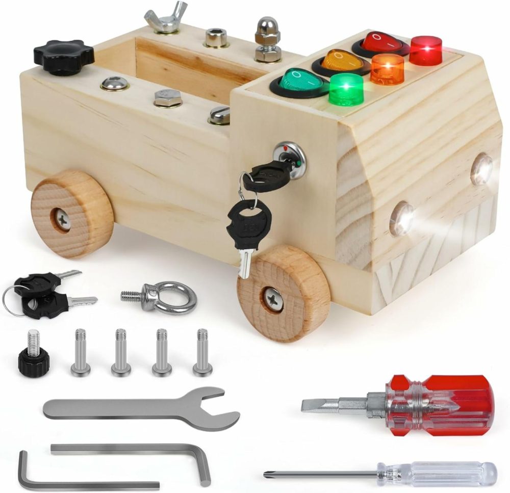 Wooden Truck Montessori Busy Board For Toddlers  Fine Preschool Motor Skills Learning Toy Tool Set With Screwdriver  Lights  Switches  Key  Button  Sensory Educational Montessori Wooden Car For Kids  |  Sorting & Stacking Toys All Toys Sorting & Stacking Toys